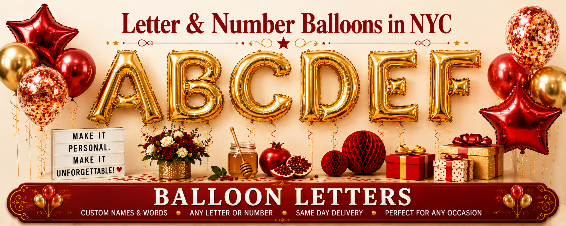 Gold letter and number balloons with same-day balloon delivery in NYC
