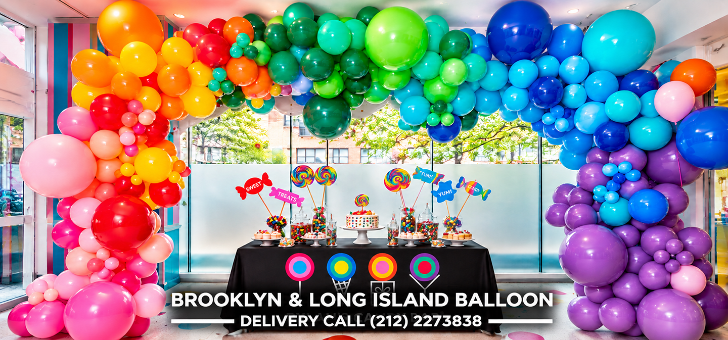 Colorful rainbow balloon arch at Dylan’s Candy Bar in NYC by Balloon Saloon