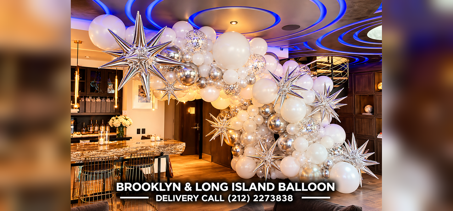 White and silver balloon garland with chrome star balloons at a luxury NYC event