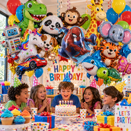 Colorful cartoon character Mylar balloons featuring dinosaurs, unicorns, monkeys, pandas, sharks, robots and other fun characters at a children's birthday party.