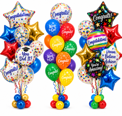 Three colorful congratulations balloon bouquets featuring Mylar star balloons, confetti balloons, rainbow latex balloons and celebratory messages.