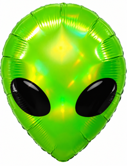 Bright green alien head Mylar balloon featuring a metallic holographic finish and large black alien eyes on a white background.