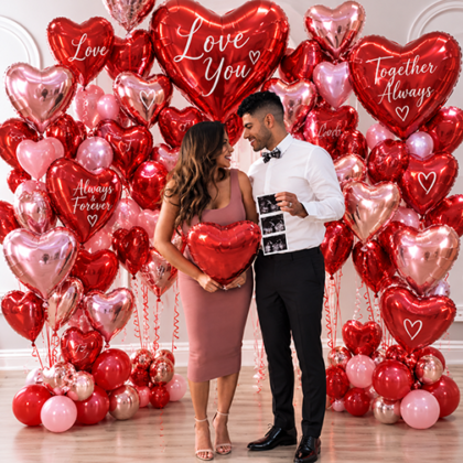 Romantic couple surrounded by red, pink and rose gold heart-shaped balloons for an anniversary or love celebration in NYC.