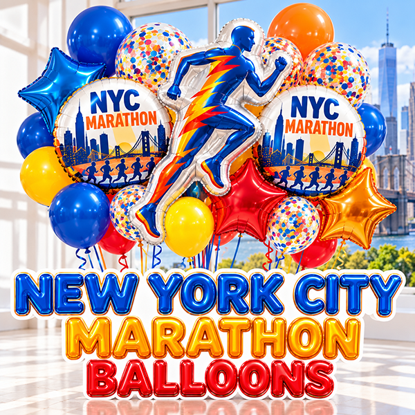 NYC Marathon balloons featuring colorful balloon bouquets, marathon runners, New York City skyline, and blue and orange decorations.