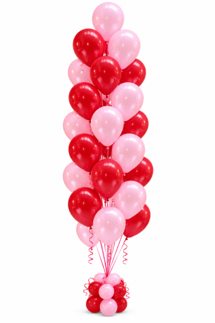 Pink and red 25 balloon tree featuring helium-filled latex balloons with coordinating ribbons and a decorative balloon base.