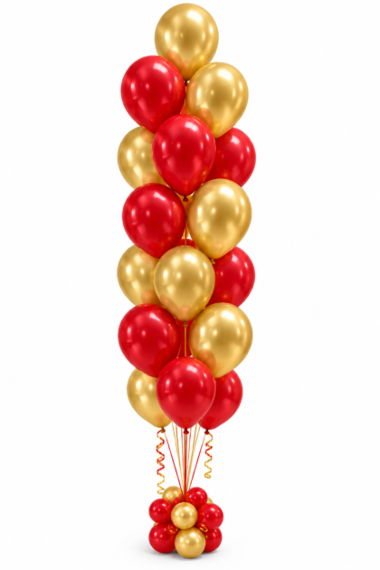 Red and gold 25 balloon tree featuring helium-filled latex balloons with coordinating ribbons and a decorative balloon base.