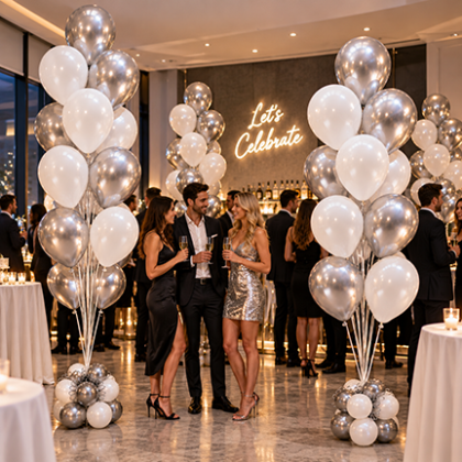 Elegant white and silver helium balloon trees decorating an upscale NYC party venue with guests celebrating.