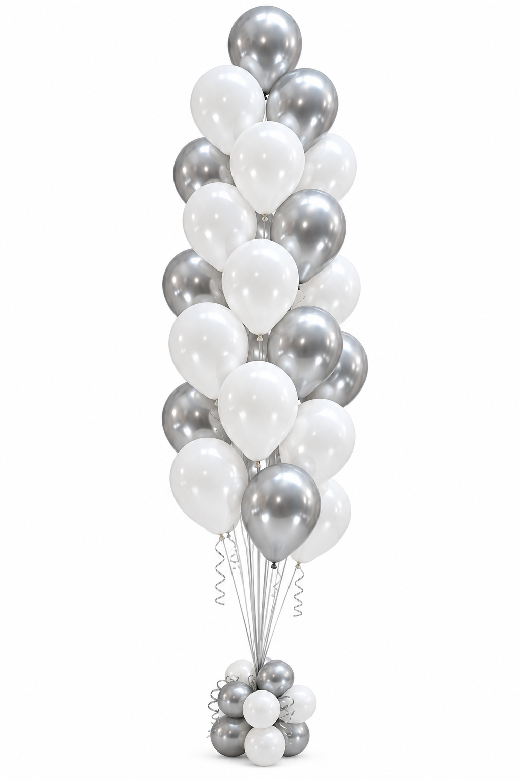 White and silver 25 balloon tree featuring helium-filled latex balloons with a coordinating decorative base.