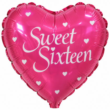 Pink heart-shaped Sweet Sixteen Mylar balloon featuring elegant white lettering and small white hearts on a glossy metallic pink background.