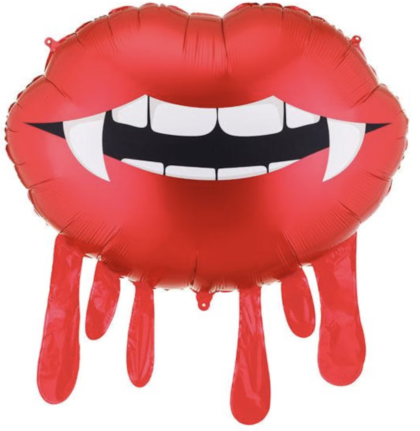 30-inch red vampire lips Mylar balloon featuring white vampire fangs, black mouth and dripping blood design for Halloween.