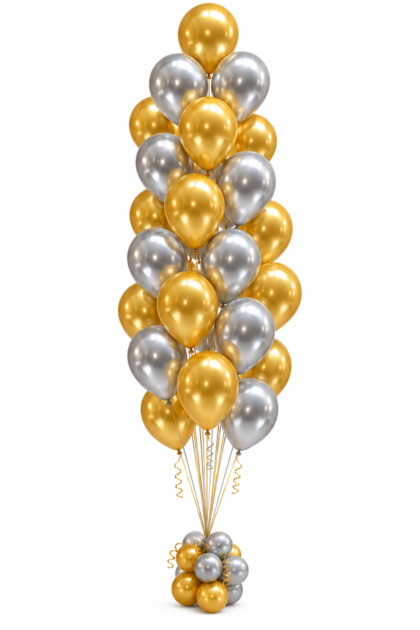 Gold and silver 25 balloon tree featuring metallic helium-filled latex balloons on a white background.