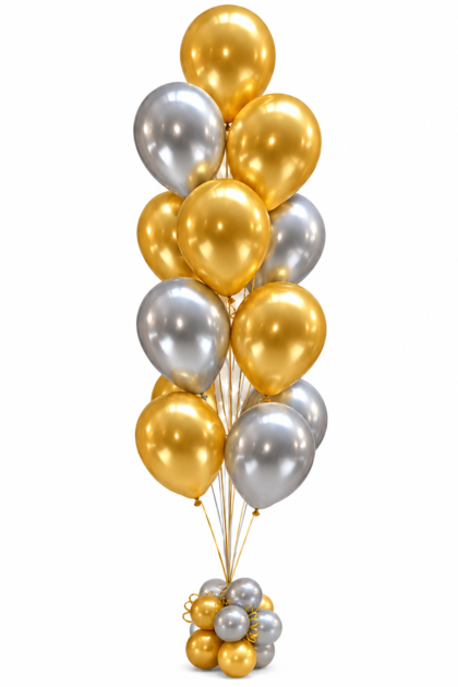 Gold and silver latex balloon tree featuring 13 helium-filled balloons with a matching balloon base, perfect for birthdays, weddings, and celebrations.