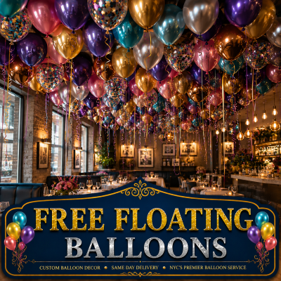 Free floating helium balloons decorating a restaurant ceiling in NYC
