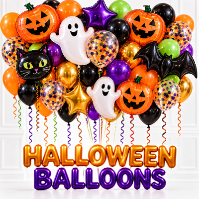 Halloween balloons in NYC featuring pumpkins, ghosts, black cat, bat and confetti balloons